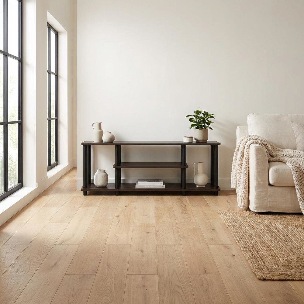 Dark Brown/Black 3-Tier TV Stand with Composite Wood and Plastic Poles. Picture 3
