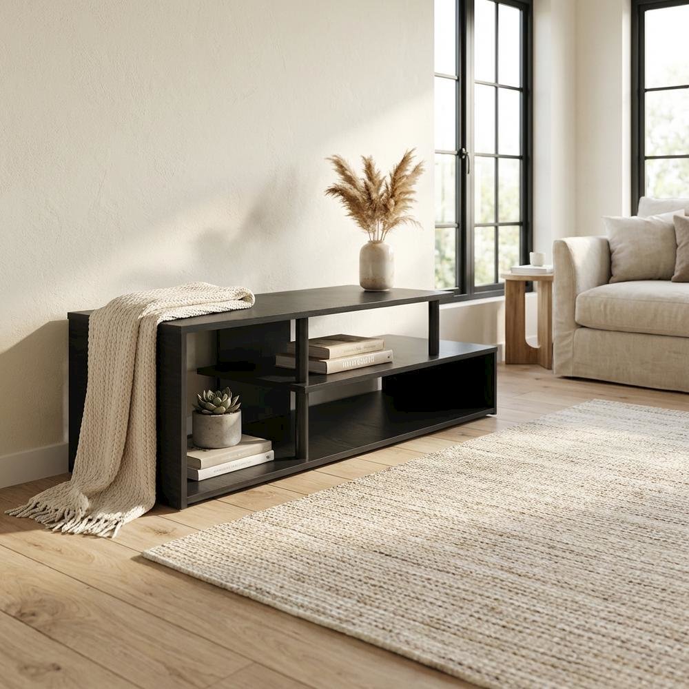 Low Profile TV Stand in Black Wood Finish with Composite Construction. Picture 3