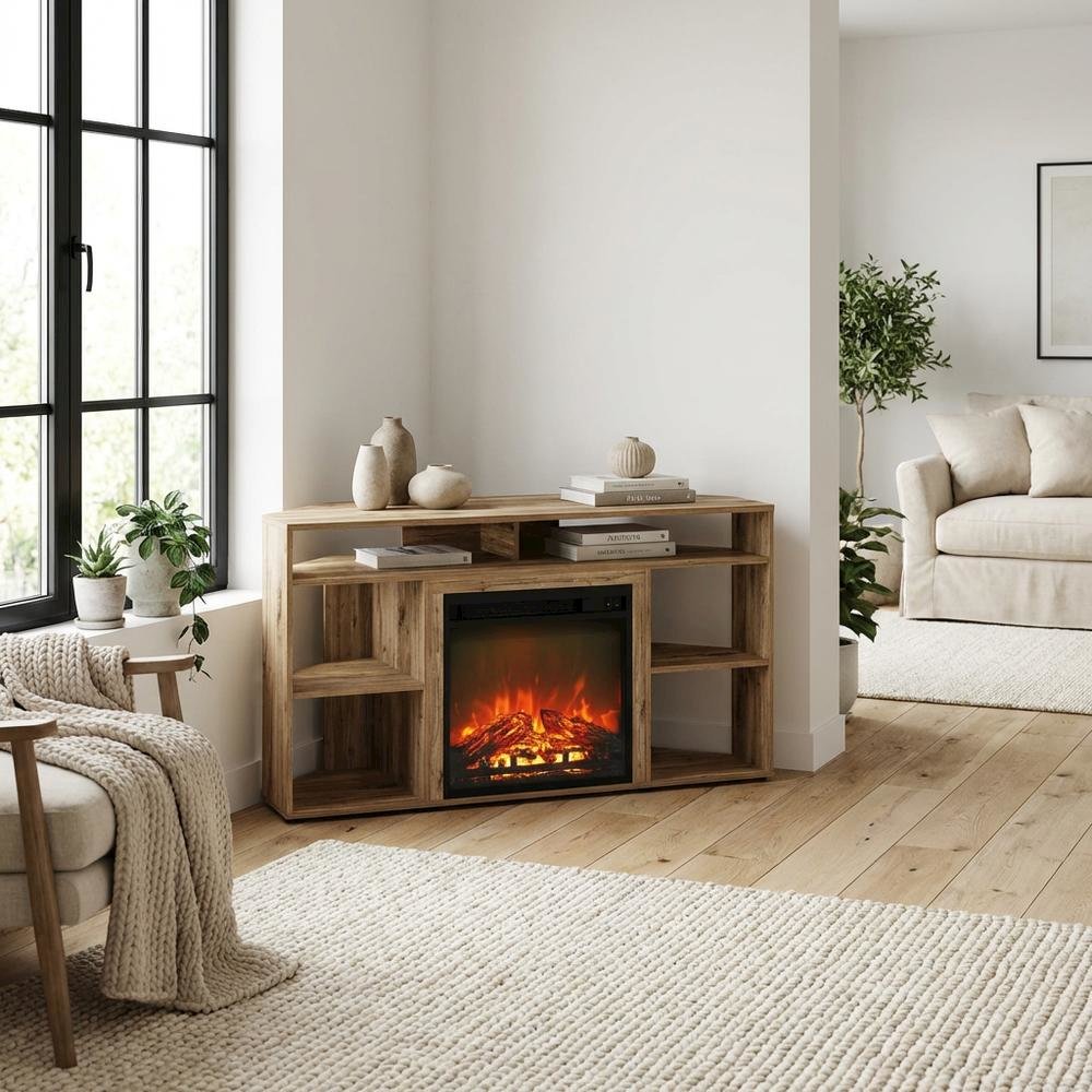 Brown Corner TV Stand with Fireplace for 55-Inch Screens in Rustic Wood Finish. Picture 3