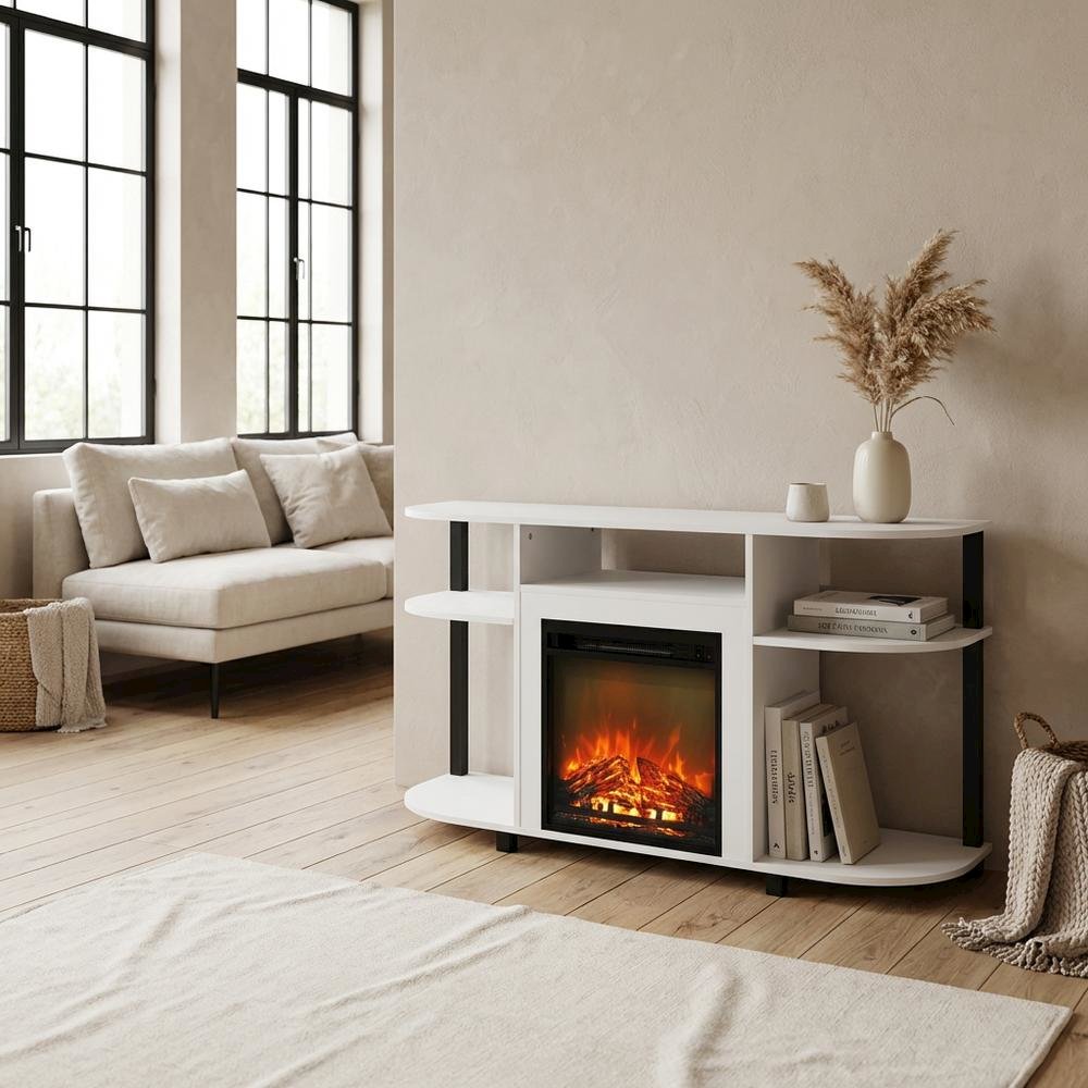 White Entertainment Center Stand with Fireplace for 55-Inch TVs, Solid Wood. Picture 3