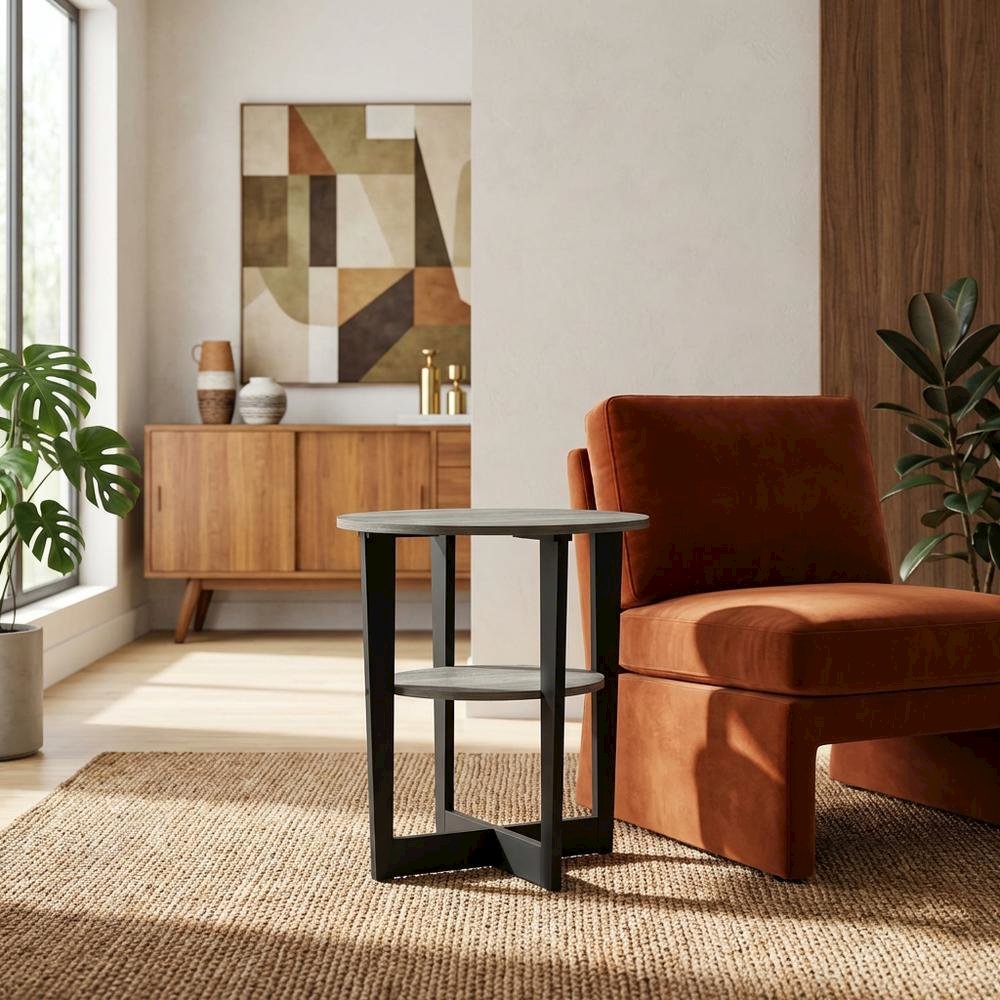 Grey oval end table with stylish French oak finish and modern design. Picture 2