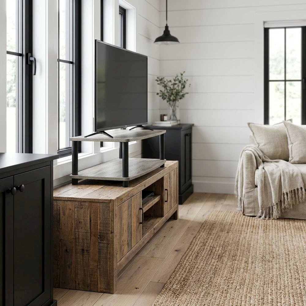 Elevated TV Stand with No Tools Assembly in French Oak Grey and Black Finish. Picture 2