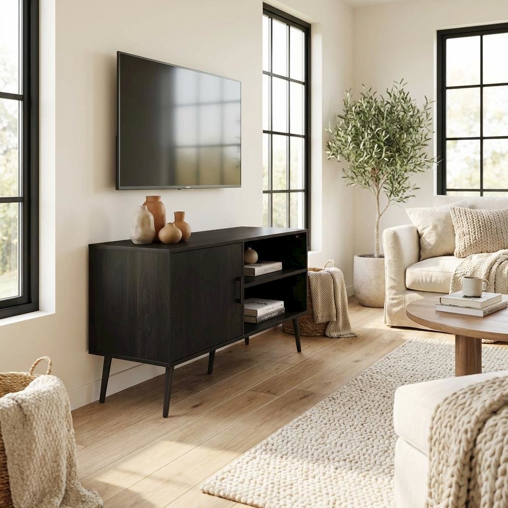 Espresso Wood TV Stand with One Cabinet and Shelves for Living Room. Picture 3