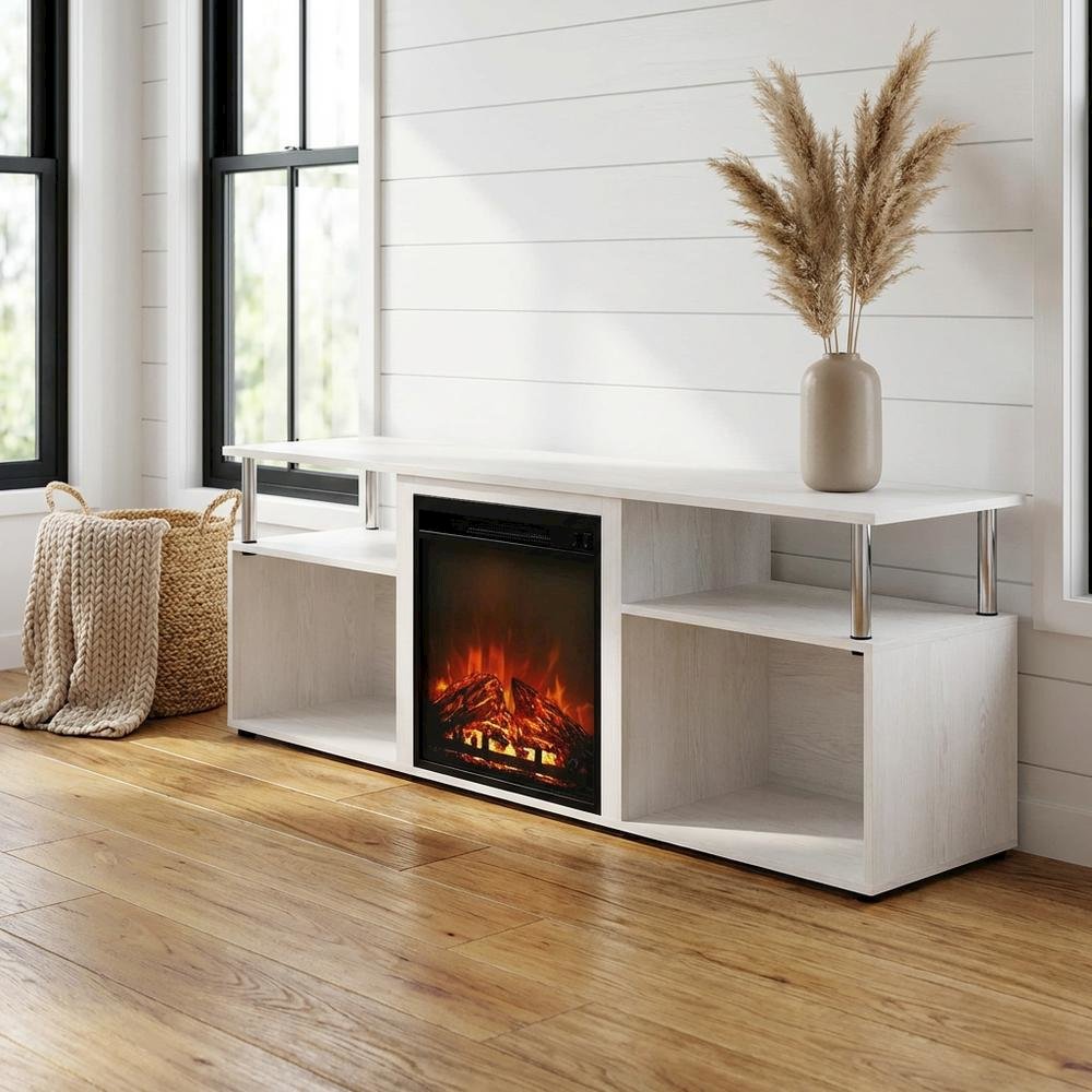 White Oak, Chrome Fireplace Entertainment Center, TVs up to 70 Inches. Picture 2