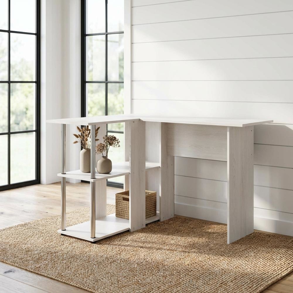 White Oak L-Shape Desk, Bookshelf And Stainless Steel Tubes For Office Spaces. Picture 2
