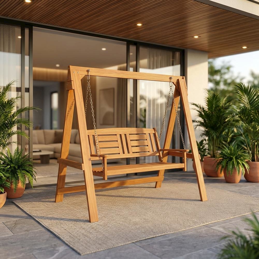 Teak Wood Porch Swing with Stand in Light Finish, Durable Outdoor Furniture. Picture 2