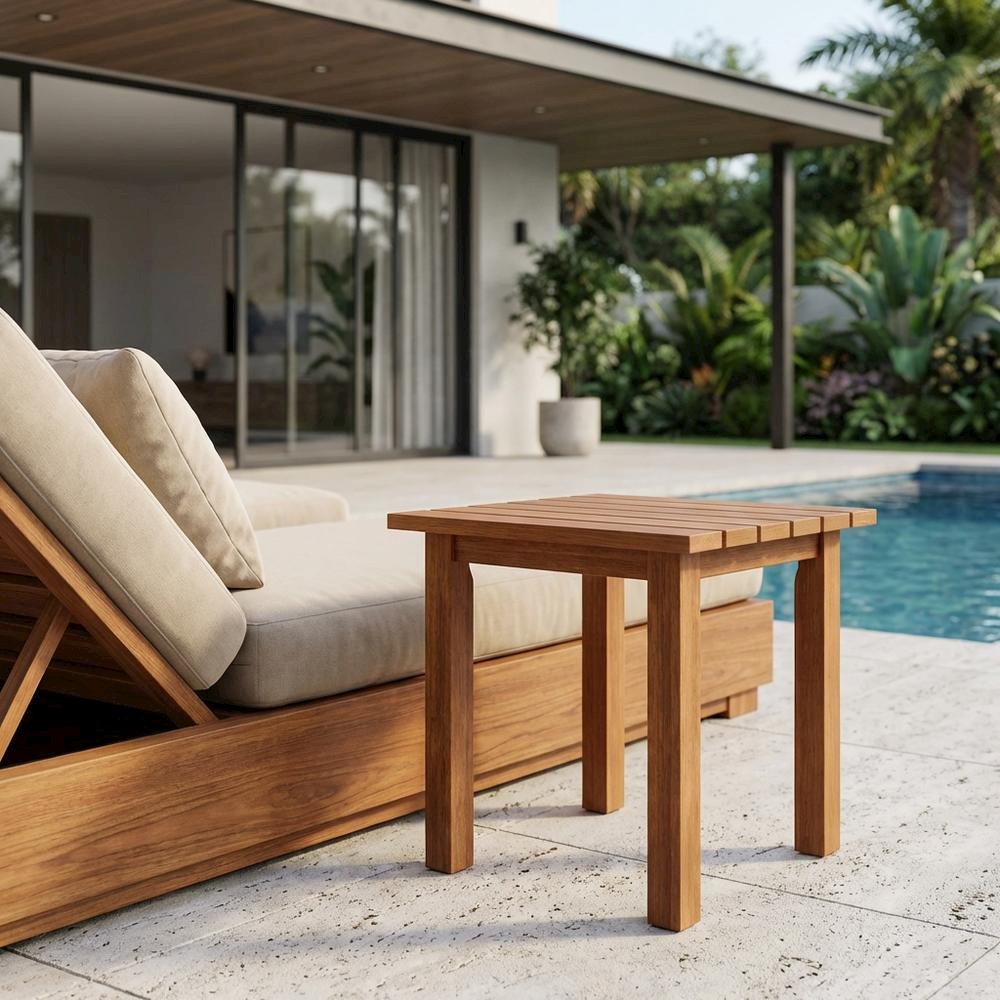 Teak Oil Outdoor Patio End Table In Finish For Garden, Porch. Picture 3