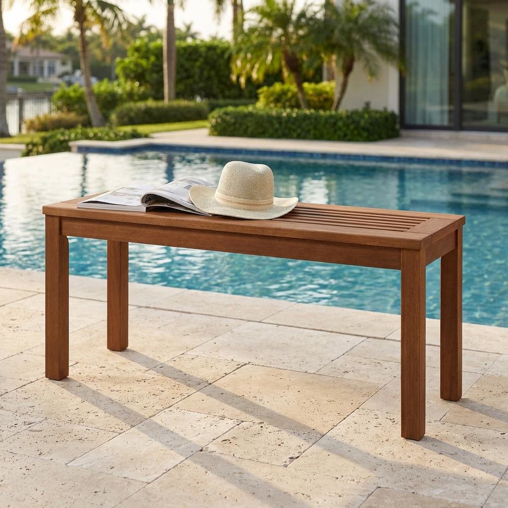 Backless outdoor garden bench with light wood finish for patio and deck sitting. Picture 3