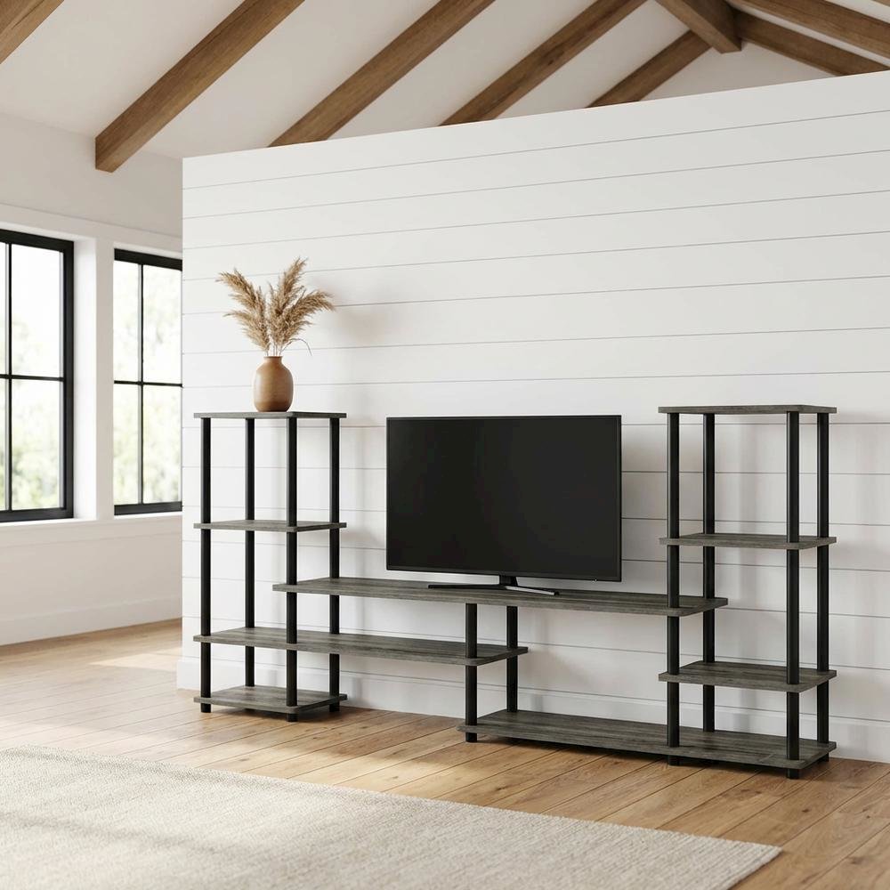 Modern Entertainment Center in French Oak Grey and Black with Spacious Storage. Picture 2
