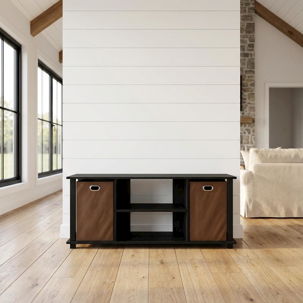 Wooden Entertainment Center with Storage Bins in Americano and Black Finish. Picture 2