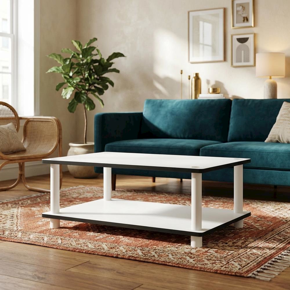 Modern white coffee table with open shelf, 2-tier design and sleek style. Picture 2
