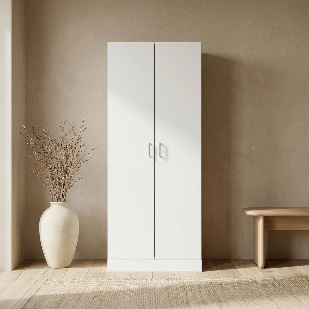White Wood Wardrobe Cabinet with Hanging Rod and Closet Shelves. Picture 3