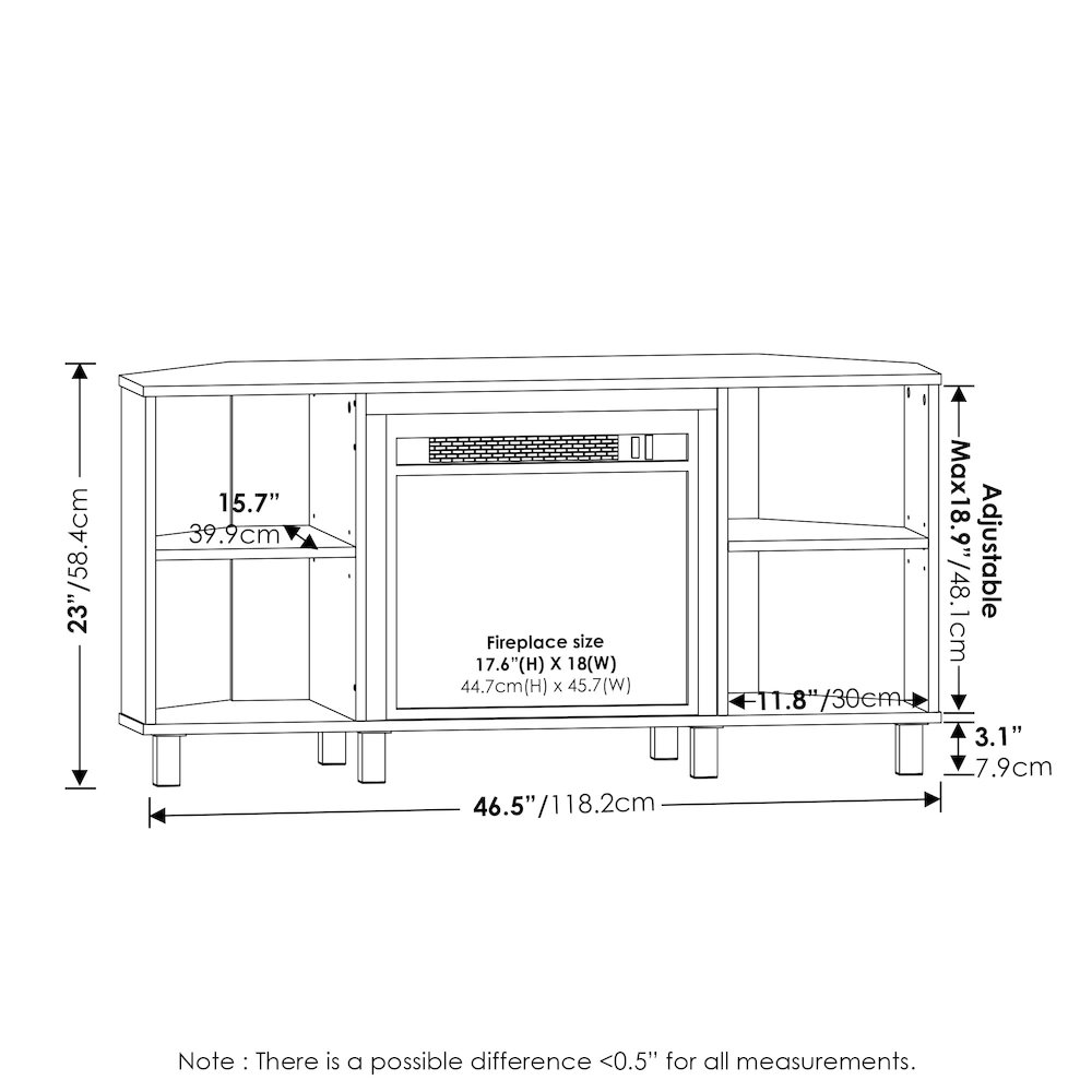 Furinno Jensen Corner Fireplce TV Stand with Metal Leg for TV up to 55 Inches, French Oak Grey. Picture 2