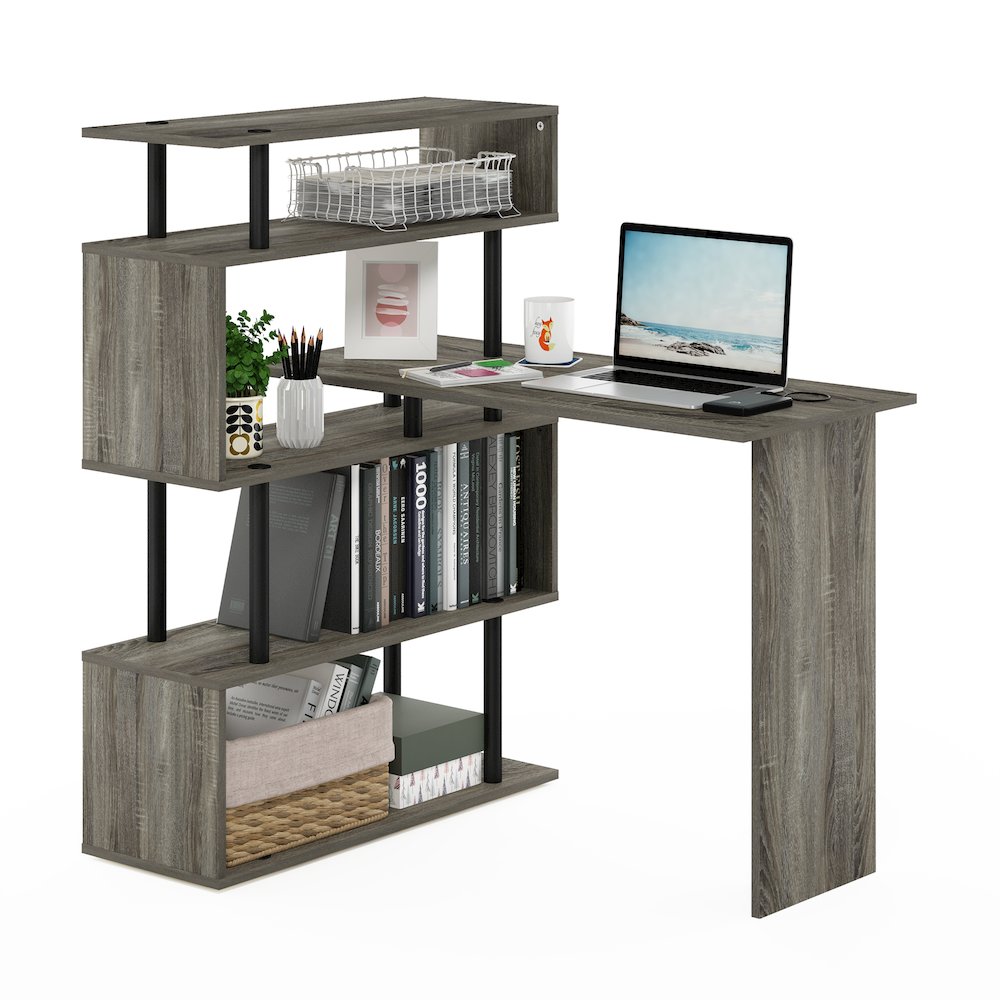 L Shape Computer Desk, Gaming Desk, Office Desk with 5-Tier Shelves, Grey Oak. Picture 3