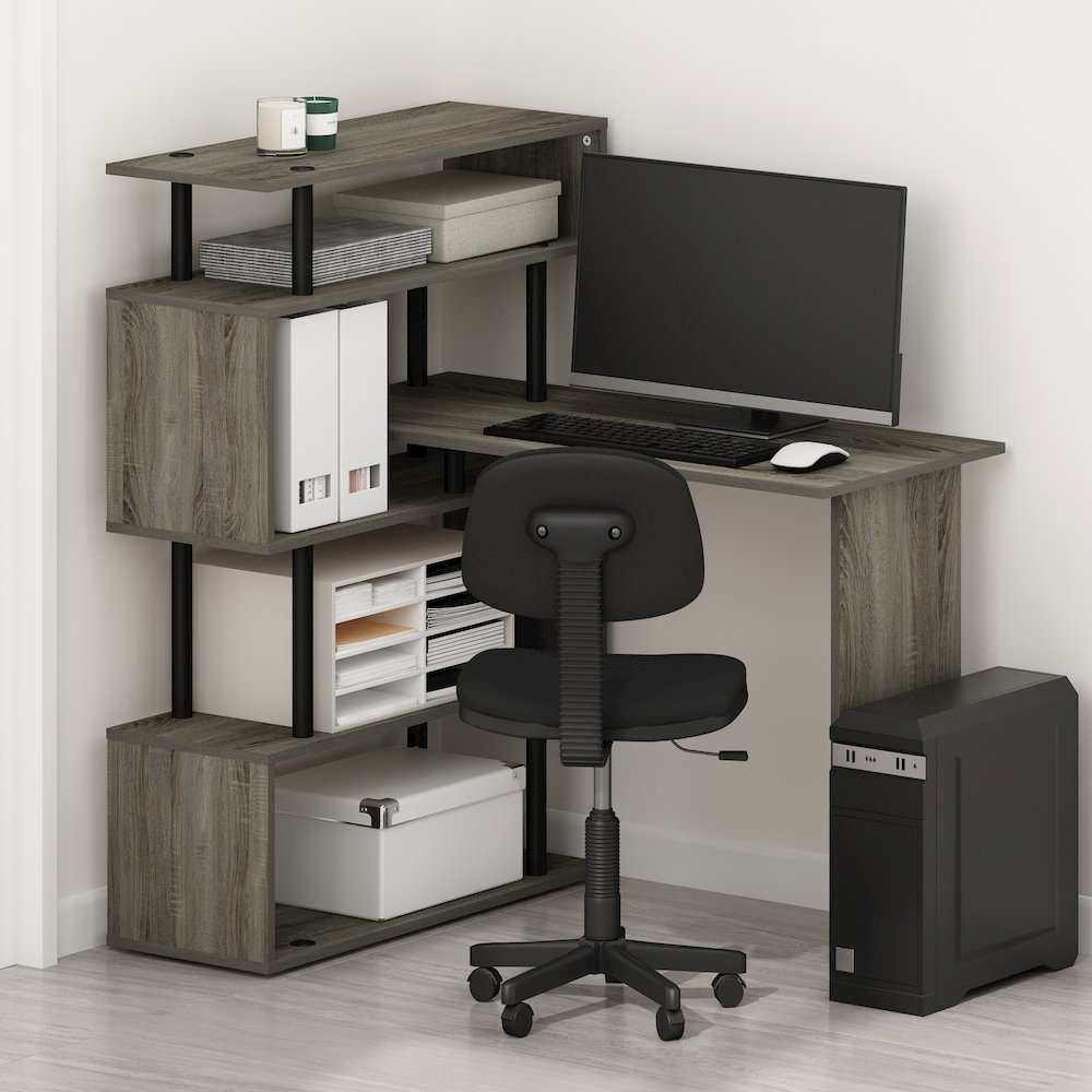 L Shape Computer Desk, Gaming Desk, Office Desk with 5-Tier Shelves, Grey Oak. Picture 4