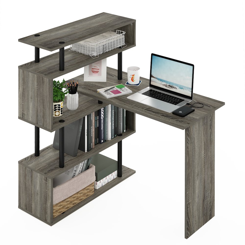 L Shape Computer Desk, Gaming Desk, Office Desk with 5-Tier Shelves, Grey Oak. Picture 6