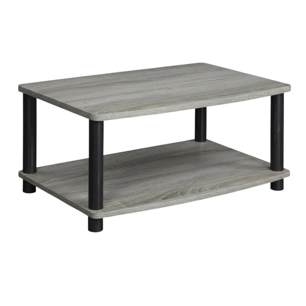 Elevated TV Stand with No Tools Assembly in French Oak Grey and Black Finish. Picture 1