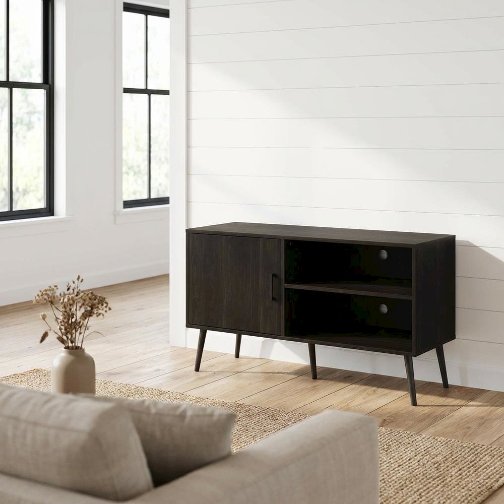 Espresso Wood TV Stand with One Cabinet and Shelves for Living Room. Picture 2