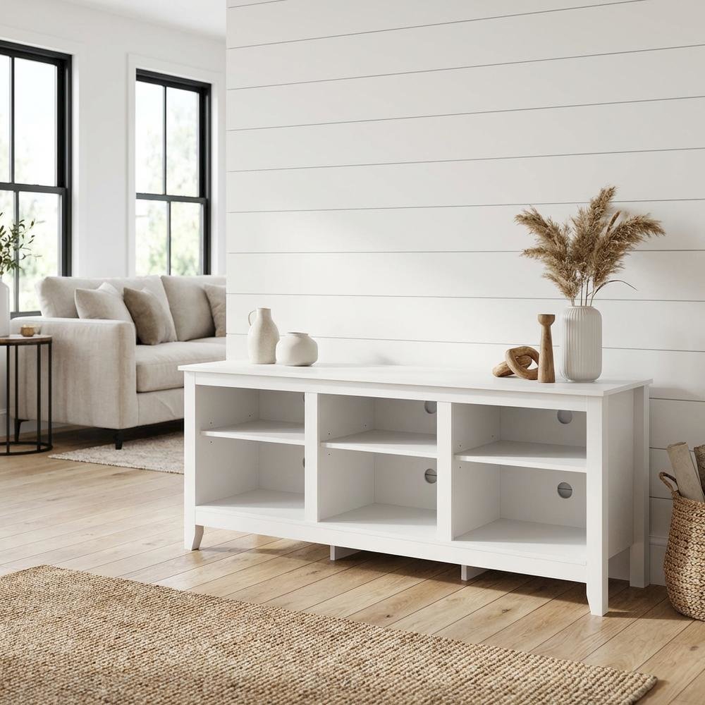 White Wooden TV Stand, Up to 65 Inch Entertainment Center, Spacious Storage. Picture 2