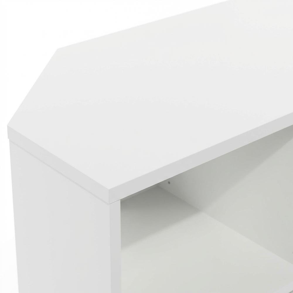 White Corner Fireplace TV Stand with 4 Open Storage Compartments in Wood Finish. Picture 5