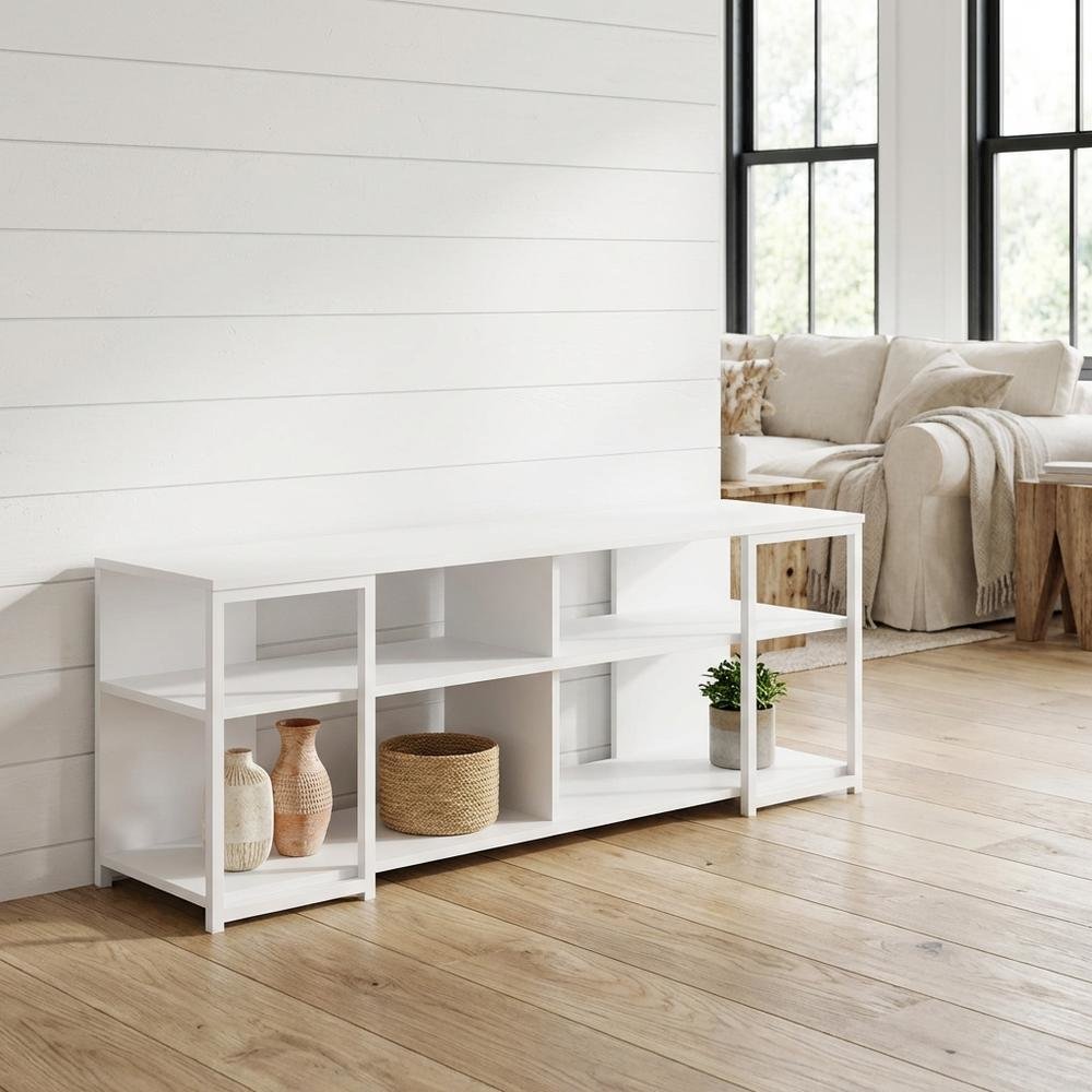White Modern TV stand, up to 65-inch flat screens, metal, wood construction. Picture 2