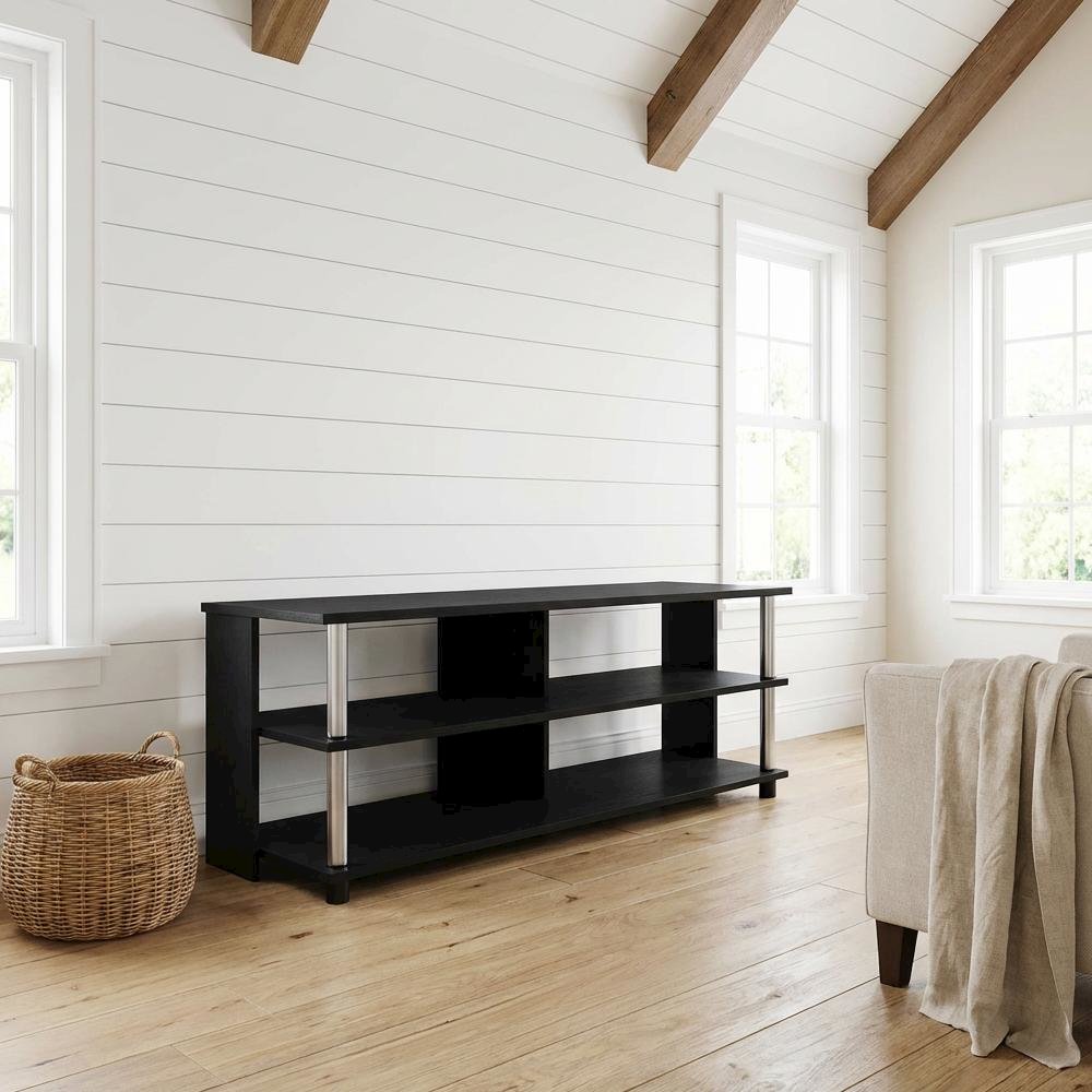 Wooden TV stand in Americano finish with stainless steel tubes, 3-tier design. Picture 2