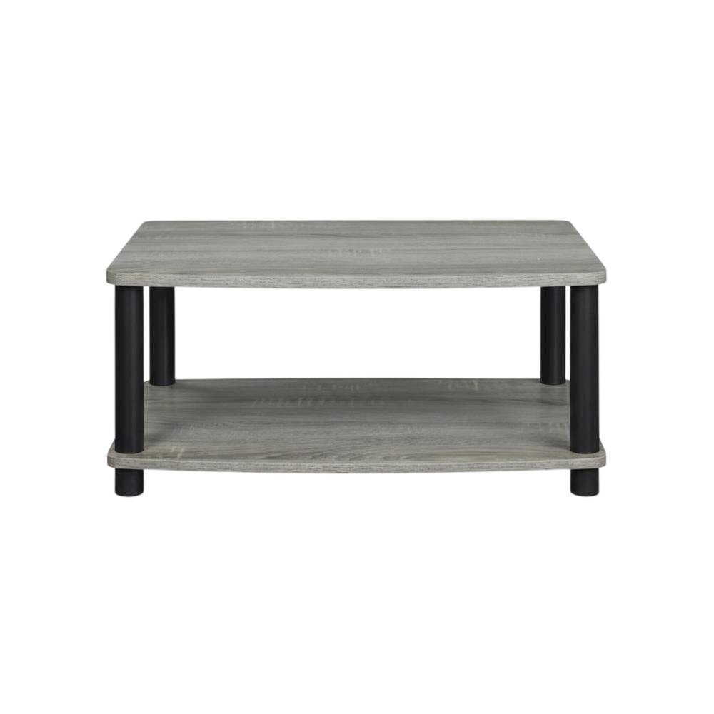 Elevated TV Stand with No Tools Assembly in French Oak Grey and Black Finish. Picture 4