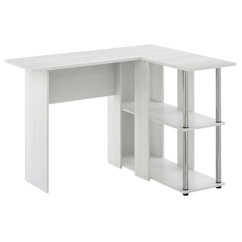White Oak L-Shape Desk, Bookshelf And Stainless Steel Tubes For Office Spaces. Picture 1