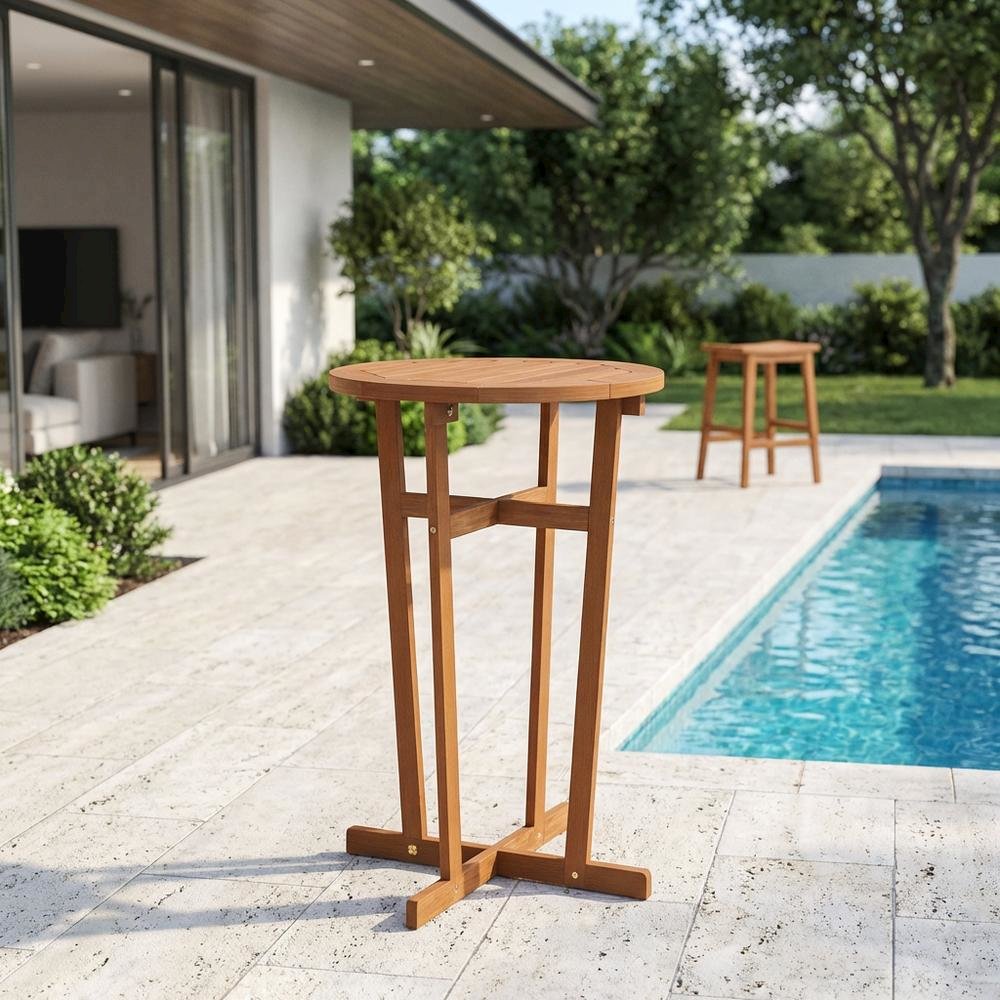 Teak Oil Hardwood Outdoor Patio Bar Table with Natural Finish for Backyard. Picture 3