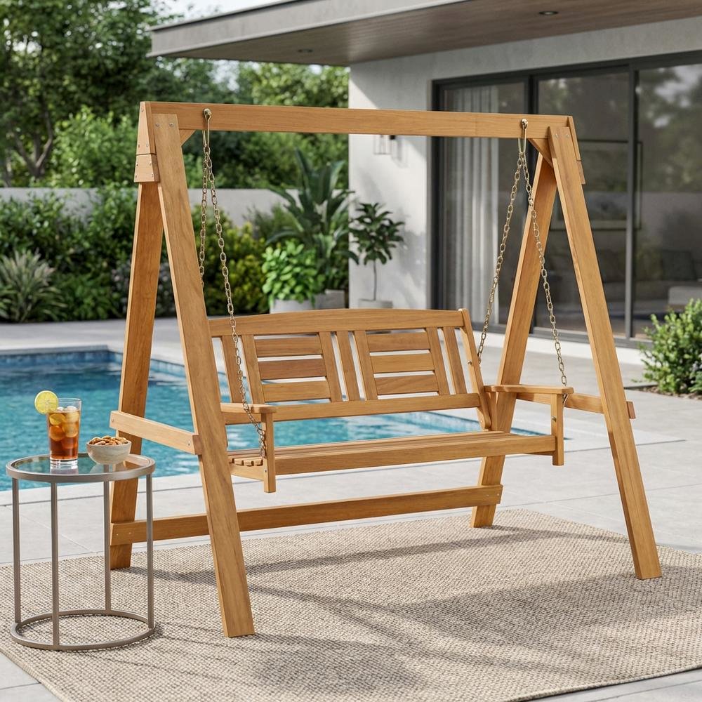 Teak Wood Porch Swing with Stand in Light Finish, Durable Outdoor Furniture. Picture 3