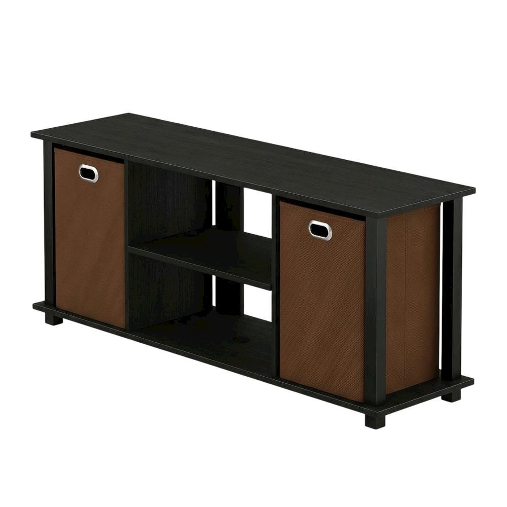 Wooden Entertainment Center with Storage Bins in Americano and Black Finish. Picture 1