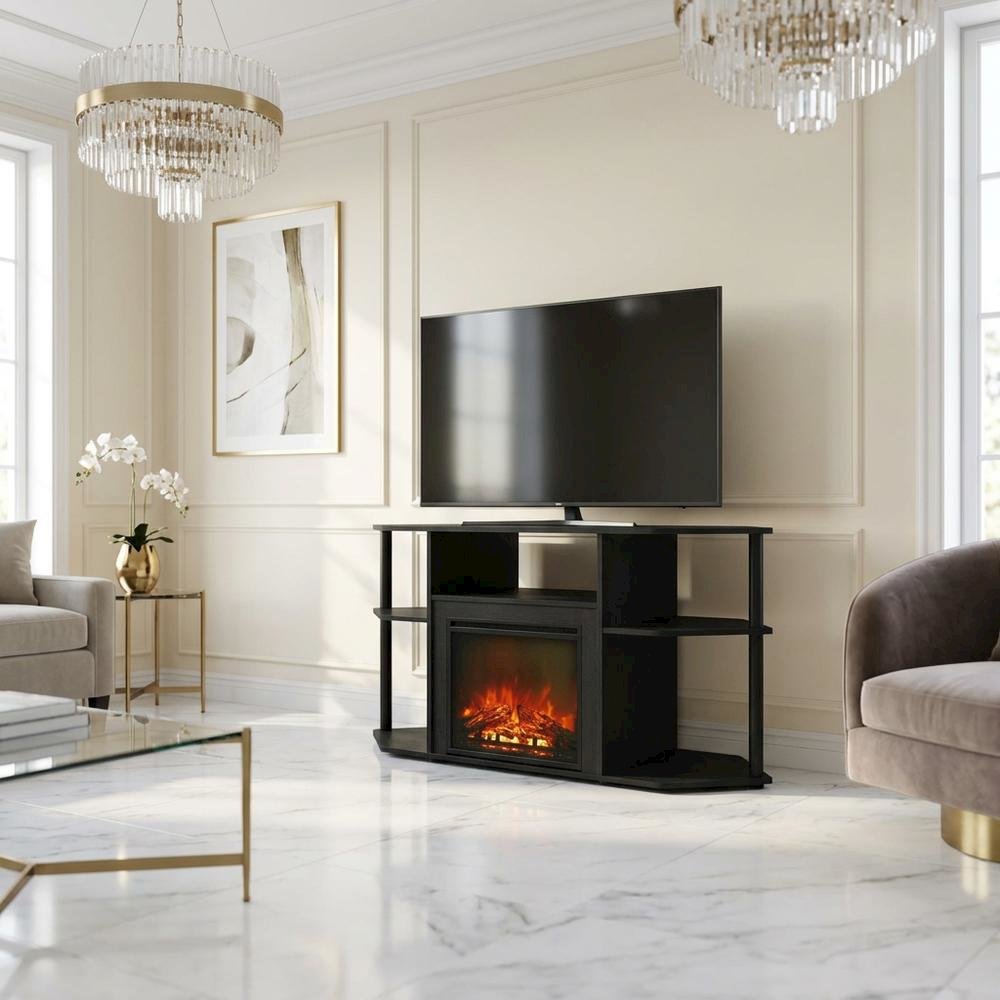 Dark Americano No Heat Fireplace TV Stand for 55-Inch TVs with Open Storage. Picture 2