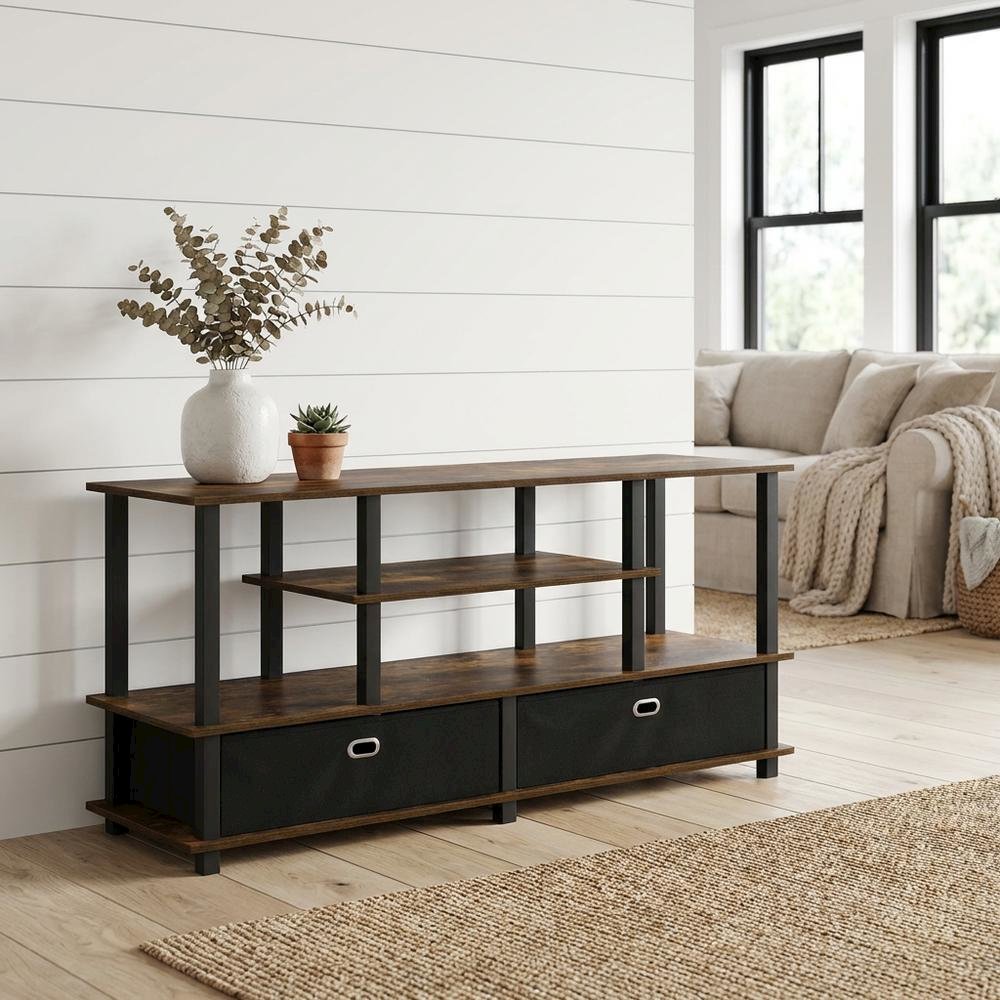 Large TV Stand, up to 55-Inch TV, Storage Bin, Brown Finish, Rubberwood. Picture 2