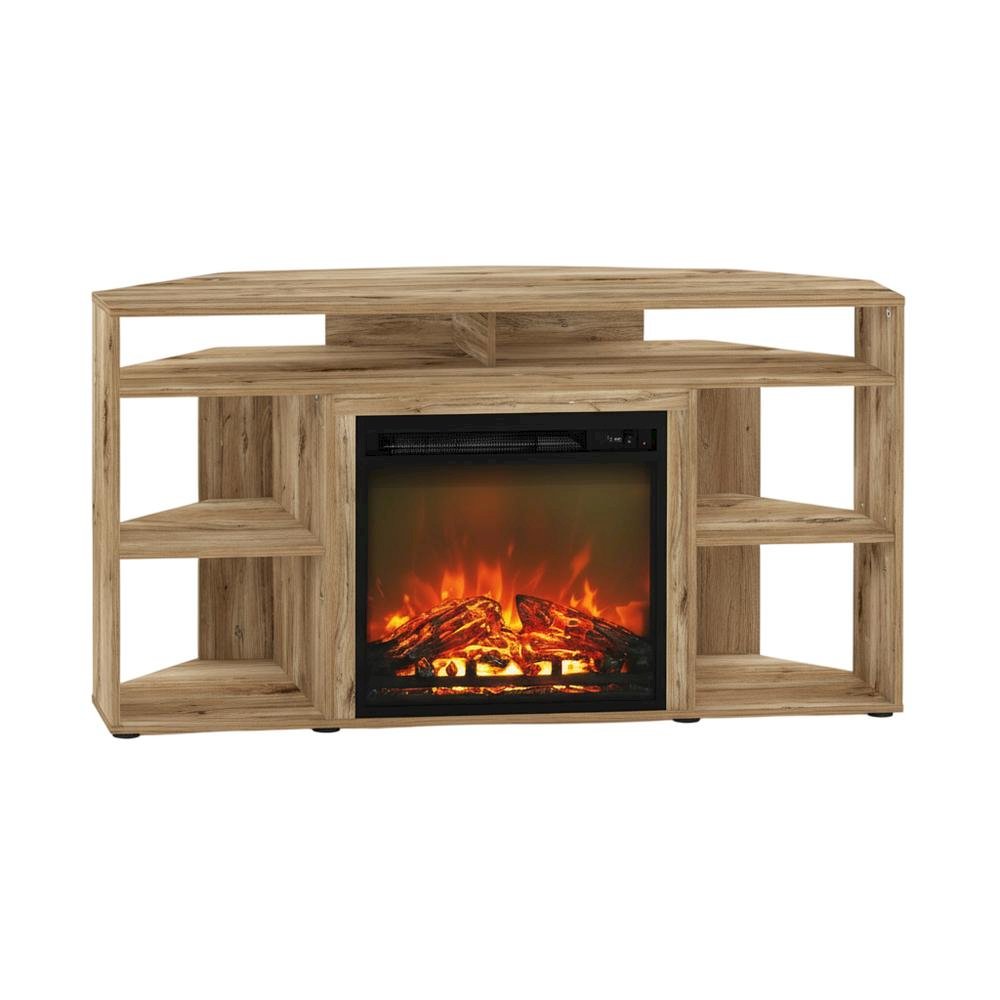 Brown Corner TV Stand with Fireplace for 55-Inch Screens in Rustic Wood Finish. Picture 4