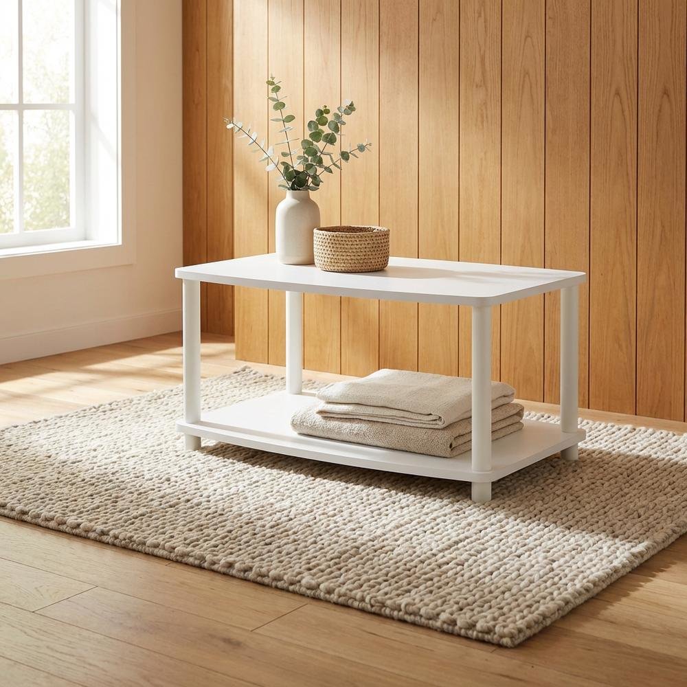 White 2-Tier Elevated TV Stand with Rubberwood Solids and Walnut Veneers. Picture 3