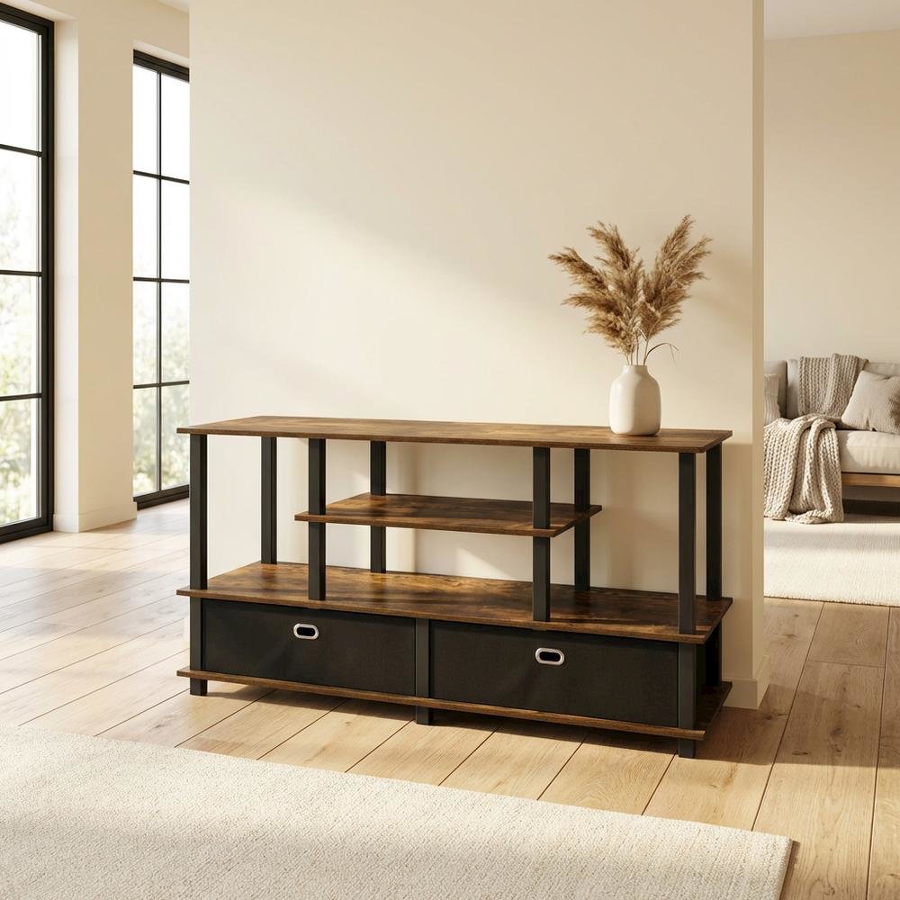 Large TV Stand, up to 55-Inch TV, Storage Bin, Brown Finish, Rubberwood. Picture 3