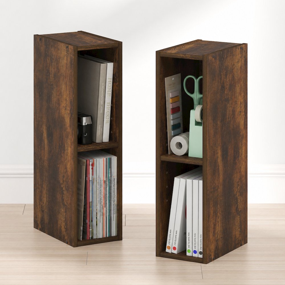 FULDA Set of 2, 2-Tier Narrow Bookshelf, 6-In, 9.3x5.9x21.2, Amber Pine. Picture 3