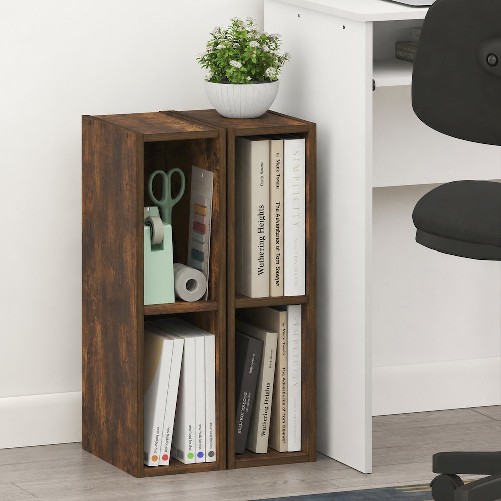 FULDA Set of 2, 2-Tier Narrow Bookshelf, 6-In, 9.3x5.9x21.2, Amber Pine. Picture 4