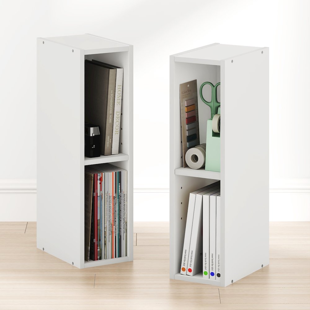 FULDA Set of 2, 2-Tier Narrow Bookshelf, 6-In, 9.3x5.9x21.2, White. Picture 3