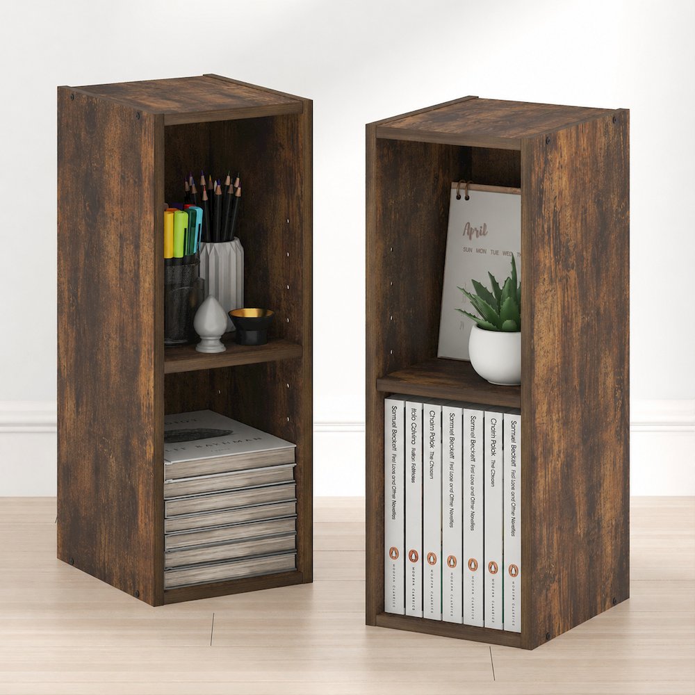 FULDA Set of 2, 2-Tier Narrow Bookshelf, 8-In, 9.3x7.9x21.2, Amber Pine. Picture 3