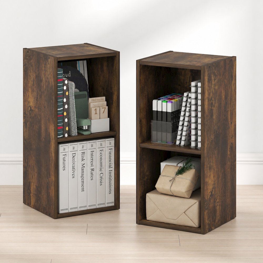 FULDA Set of 2, 2-Tier Narrow Bookshelf, 10-In, 9.3x9.8x21.2, Amber Pine. Picture 3