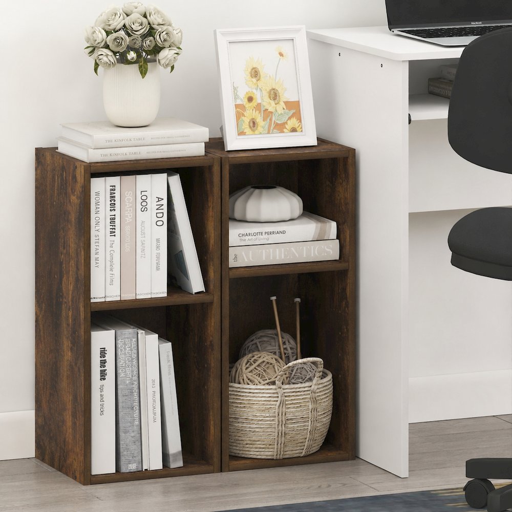 FULDA Set of 2, 2-Tier Narrow Bookshelf, 10-In, 9.3x9.8x21.2, Amber Pine. Picture 4