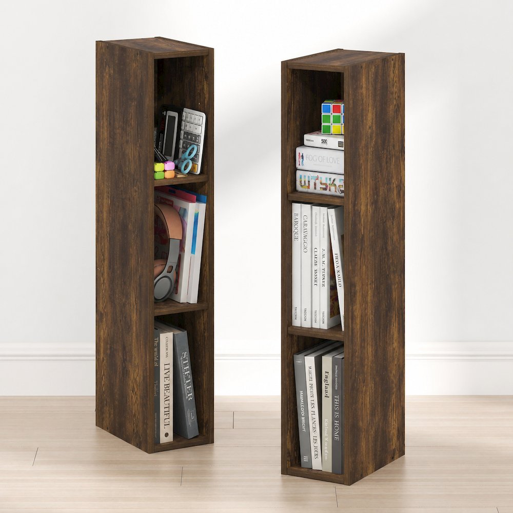 FULDA Set of 2, 3-Tier Narrow Bookshelf, 6-In, 9.3x5.9x31.5, Amber Pine. Picture 3
