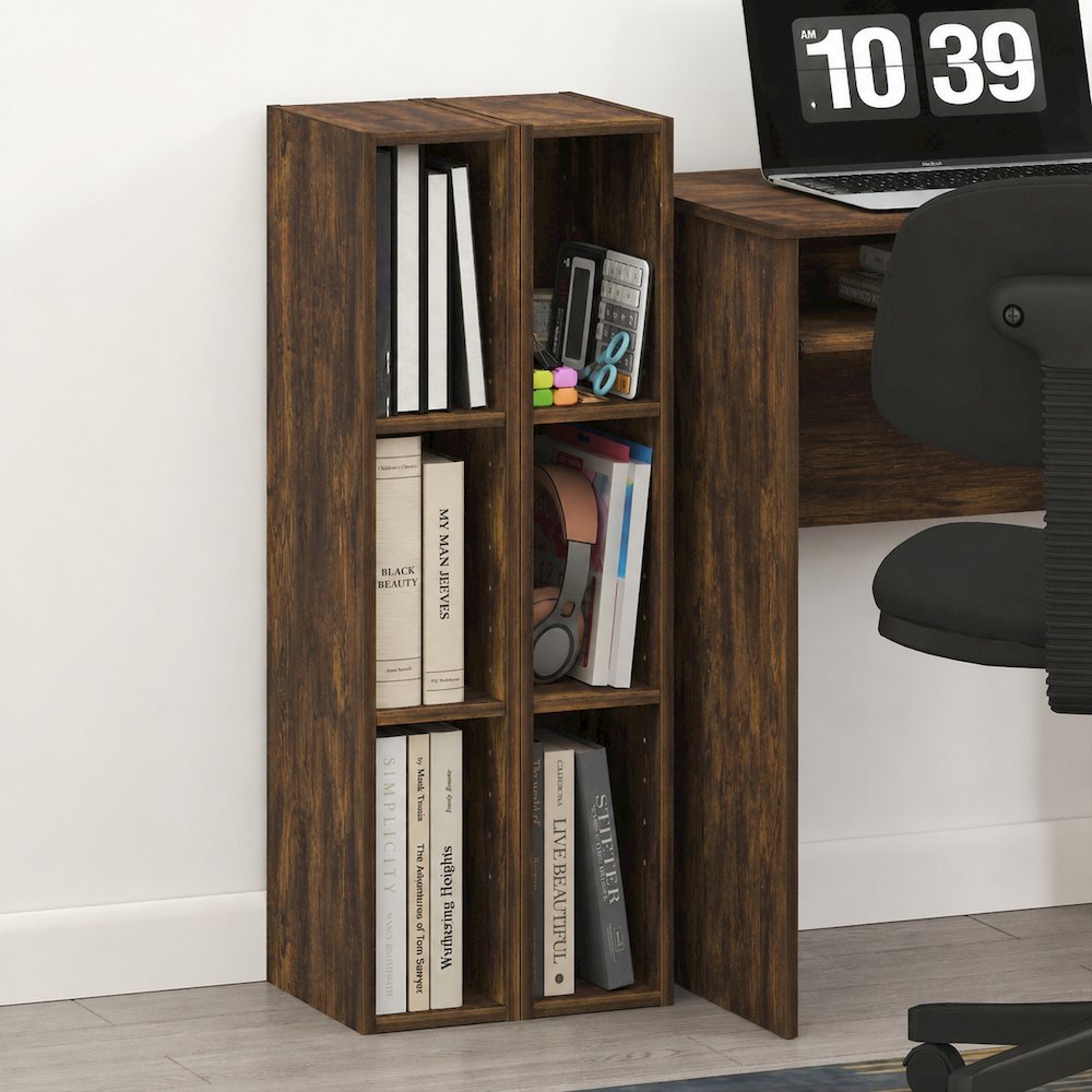 FULDA Set of 2, 3-Tier Narrow Bookshelf, 6-In, 9.3x5.9x31.5, Amber Pine. Picture 4