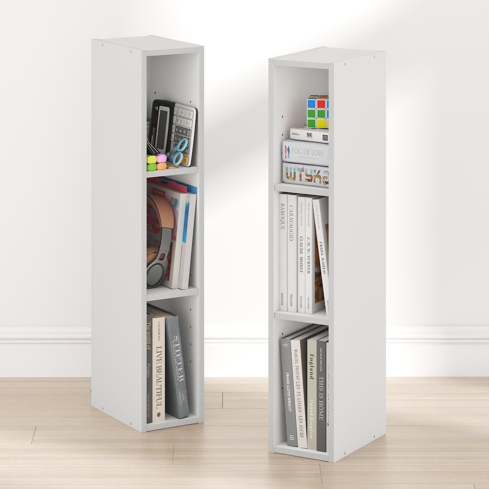 FULDA Set of 2, 3-Tier Narrow Bookshelf, 6-In, 9.3x5.9x31.5, White. Picture 3