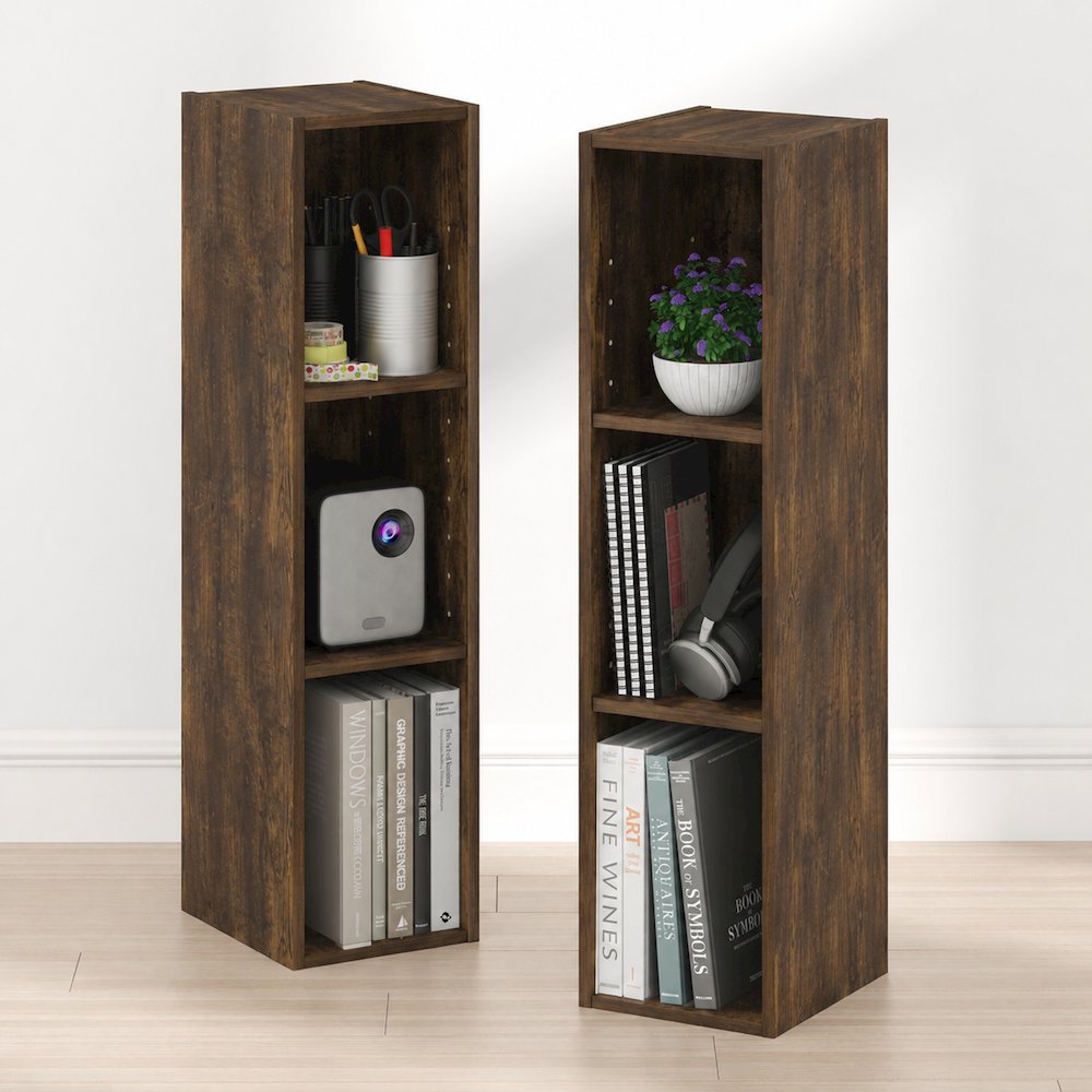 FULDA Set of 2, 3-Tier Narrow Bookshelf, 8-In, 9.3x7.9x31.5, Amber Pine. Picture 3