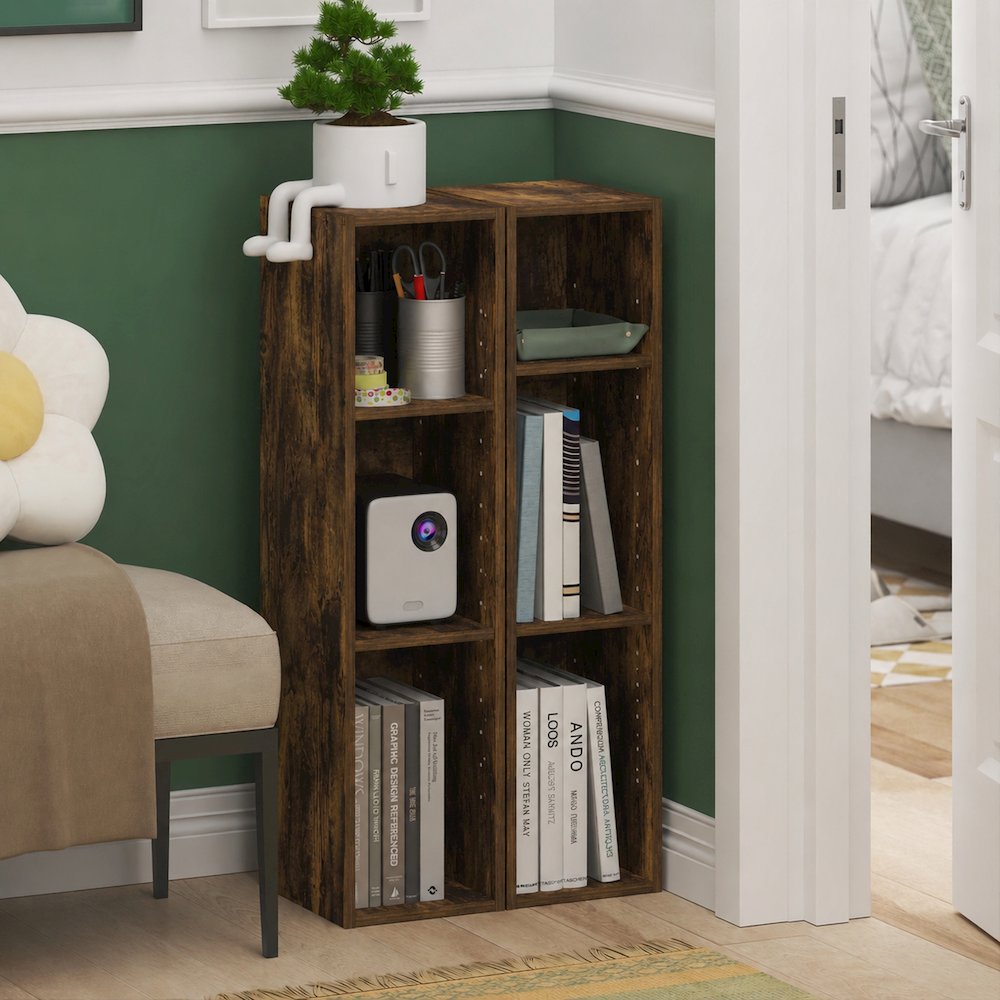 FULDA Set of 2, 3-Tier Narrow Bookshelf, 8-In, 9.3x7.9x31.5, Amber Pine. Picture 4