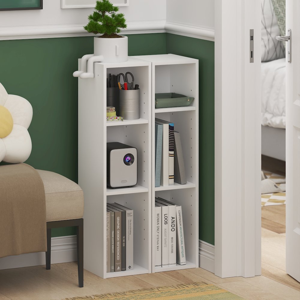 FULDA Set of 2, 3-Tier Narrow Bookshelf, 8-In, 9.3x7.9x31.5, White. Picture 4