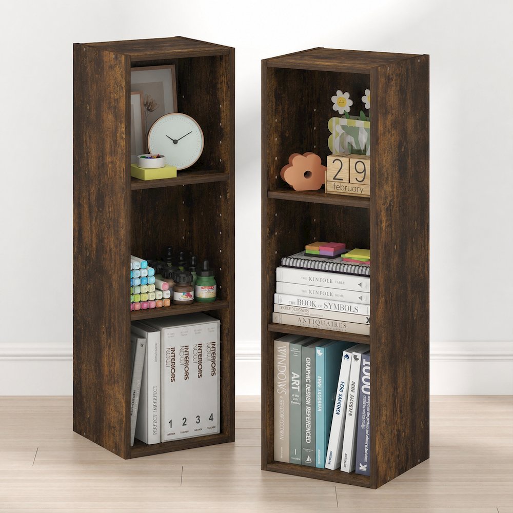 FULDA Set of 2, 3-Tier Narrow Bookshelf, 10-In, 9.3x9.8x31.5, Amber Pine. Picture 3