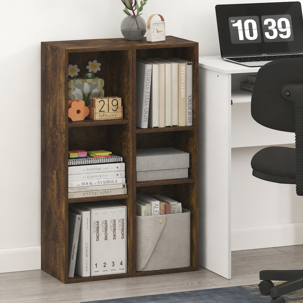 FULDA Set of 2, 3-Tier Narrow Bookshelf, 10-In, 9.3x9.8x31.5, Amber Pine. Picture 4